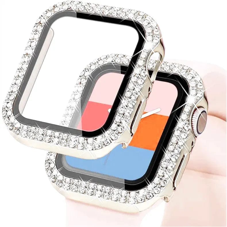 Dual Rhinestone Frame Built-in Glass Screen Protector Hard Cover for Apple Watch 45mm Cases & Covers