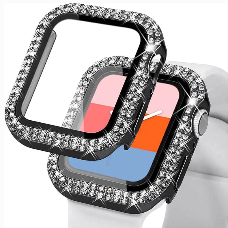 Dual Rhinestone Frame Built-in Glass Screen Protector Hard Cover for Apple Watch 45mm Cases & Covers