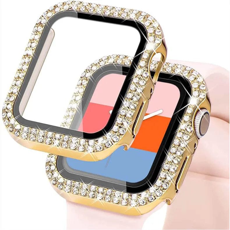 Dual Rhinestone Frame Built-in Glass Screen Protector Hard Cover for Apple Watch 45mm 45mm gold Cases & Covers