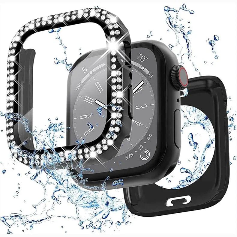 Dual Rhinestone Frame Built-in Glass Screen Protector Hard Cover for Apple Watch 45mm Cases & Covers