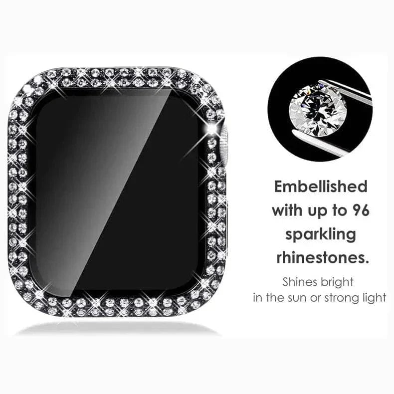Dual Rhinestone Frame Built-in Glass Screen Protector Hard Cover for Apple Watch 45mm Cases & Covers
