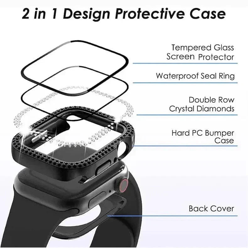 Dual Rhinestone Frame Built-in Glass Screen Protector Hard Cover for Apple Watch 45mm Cases & Covers