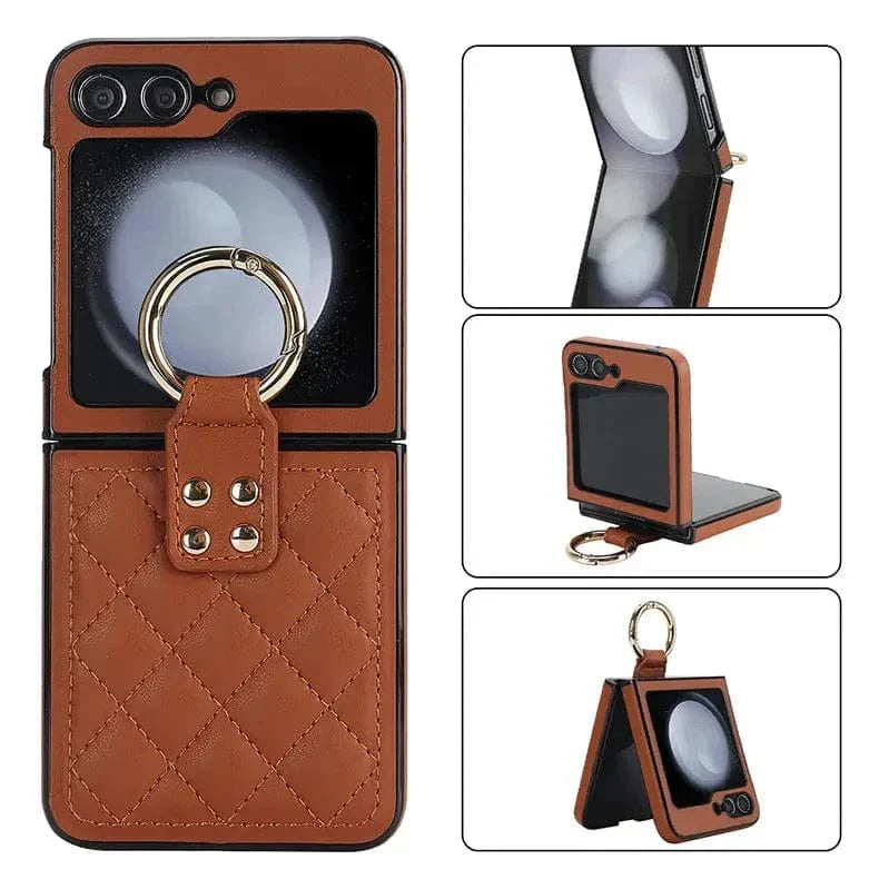 Rhombus PU Leather Ring Case for Samsung Z Flip5 Samsung Z Flip5 Brown