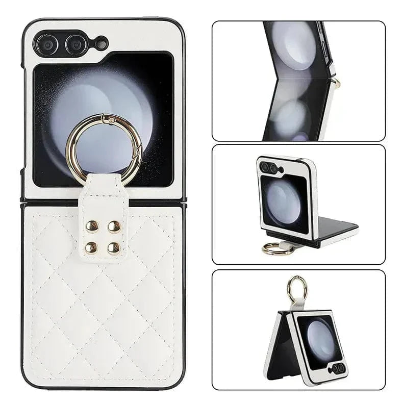 Rhombus PU Leather Ring Case for Samsung Z Flip5 Samsung Z Flip5 White