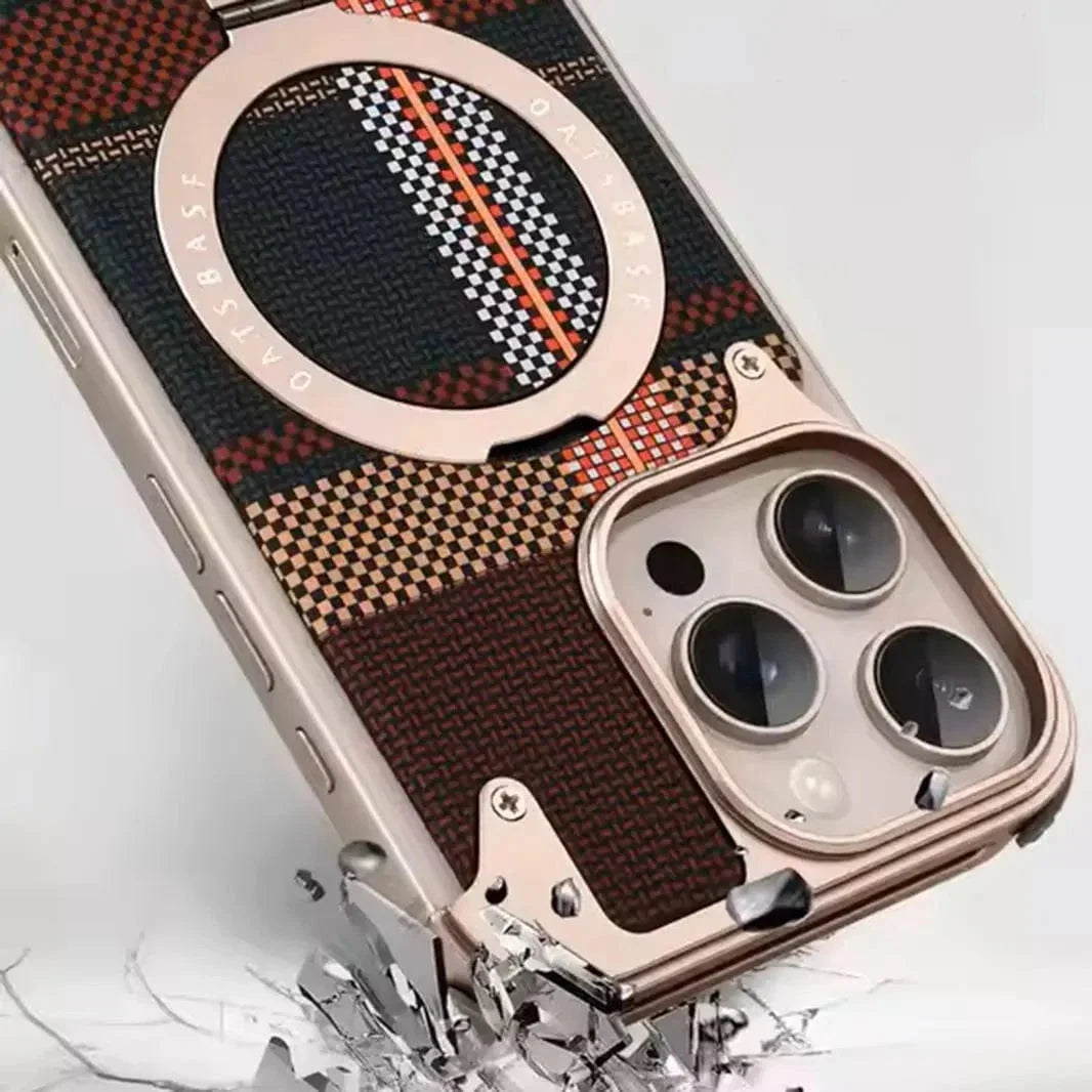 360 Degree Rotatable Ring Stand Metal Frame Kevlar Case for iPhone 16 Pro Max