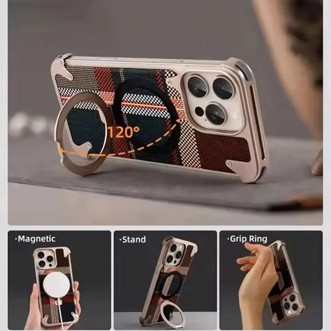 360 Degree Rotatable Ring Stand Metal Frame Kevlar Case for iPhone 16 Pro
