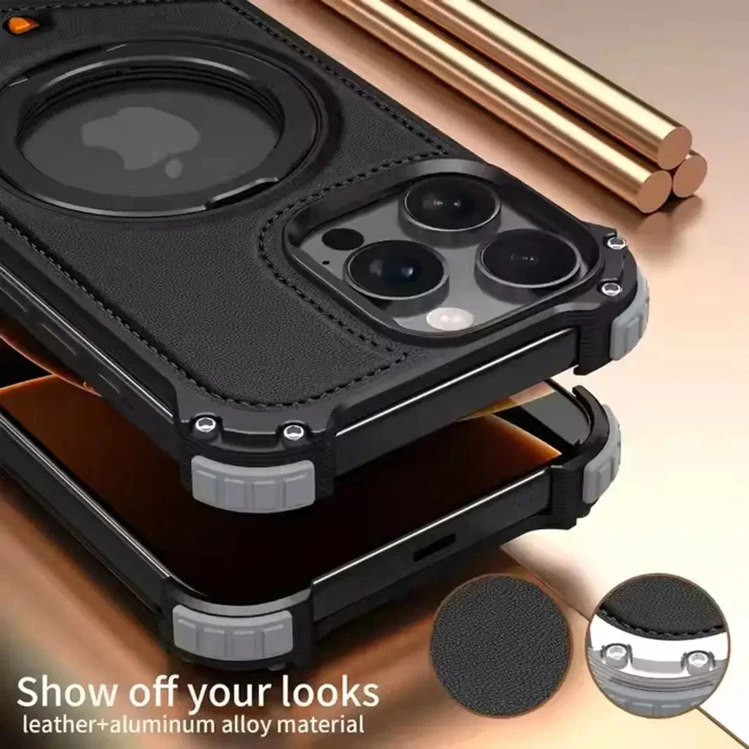 Aluminum Alloy Leather Magnetic 360° Metal Ring Stand Frameless Back Panel for iPhone 16 Pro Max