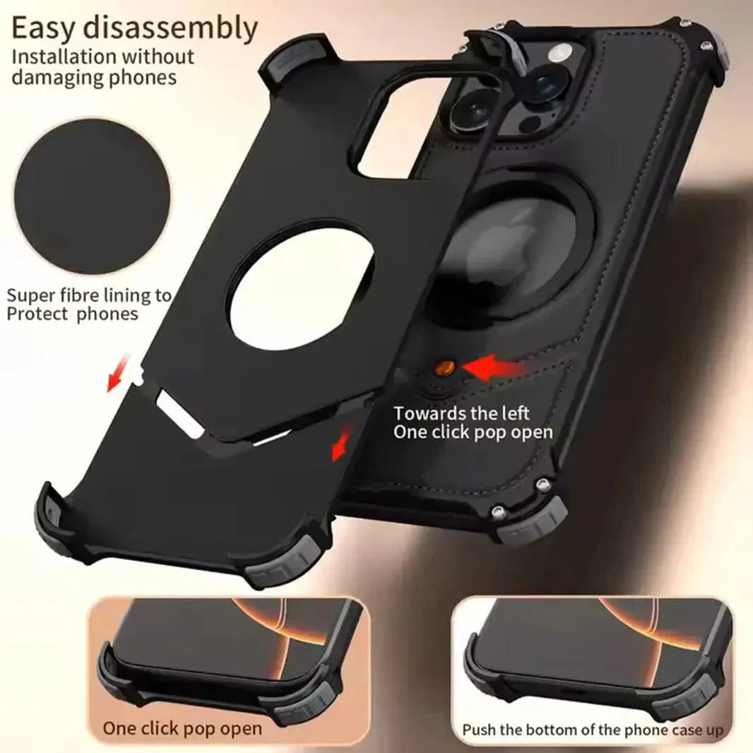 Aluminum Alloy Leather Magnetic 360° Metal Ring Stand Frameless Back Panel for iPhone 16 Pro Max