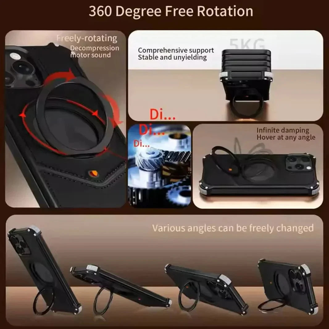 Aluminum Alloy Leather Magnetic 360° Metal Ring Stand Frameless Back Panel for iPhone 16 Pro Max