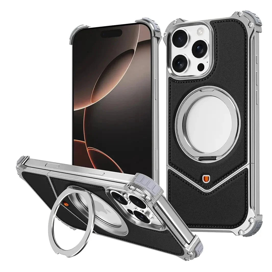Aluminum Alloy Leather Magnetic 360° Metal Ring Stand Frameless Back Panel for iPhone 16 Pro