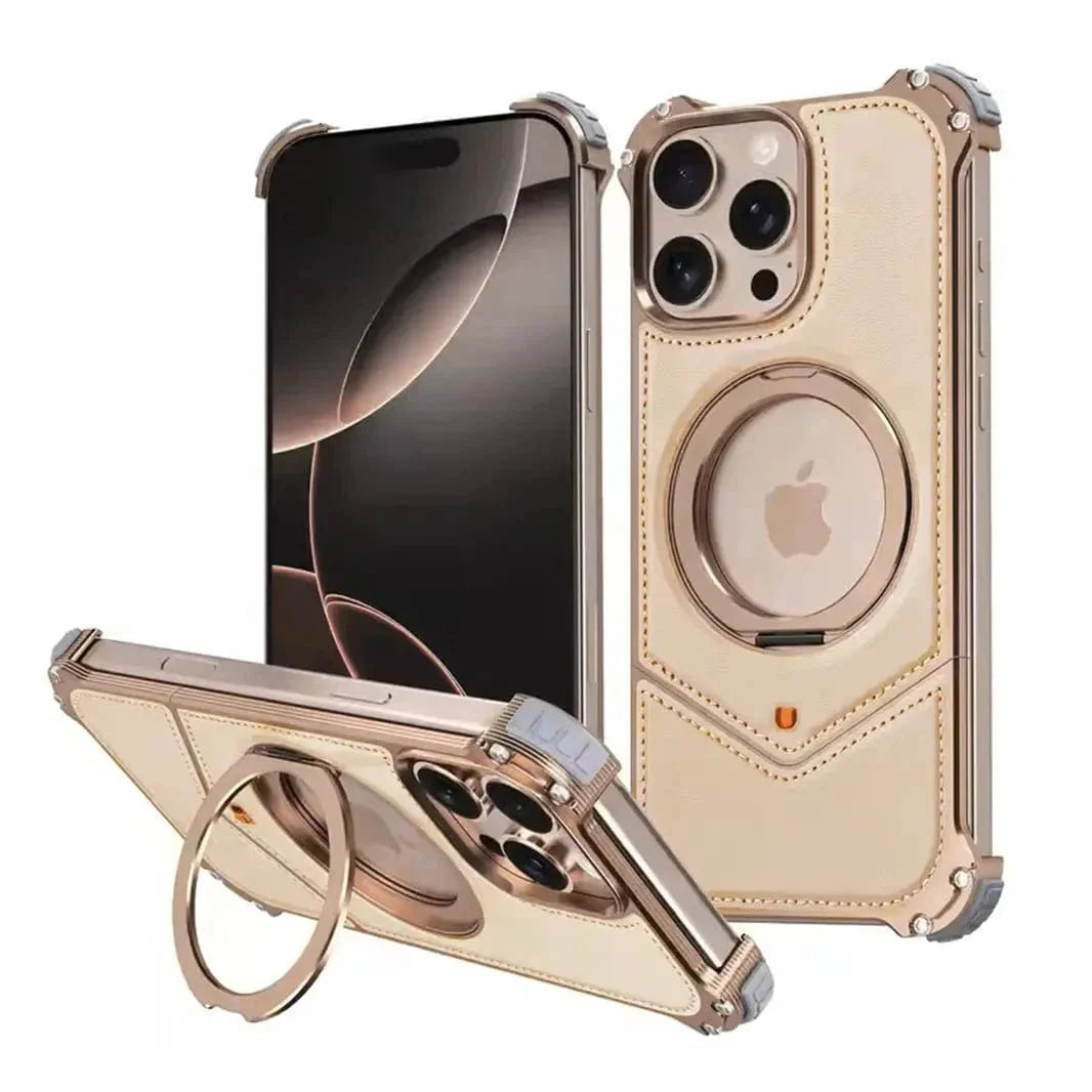Aluminum Alloy Leather Magnetic 360° Metal Ring Stand Frameless Back Panel for iPhone 16 Pro Max