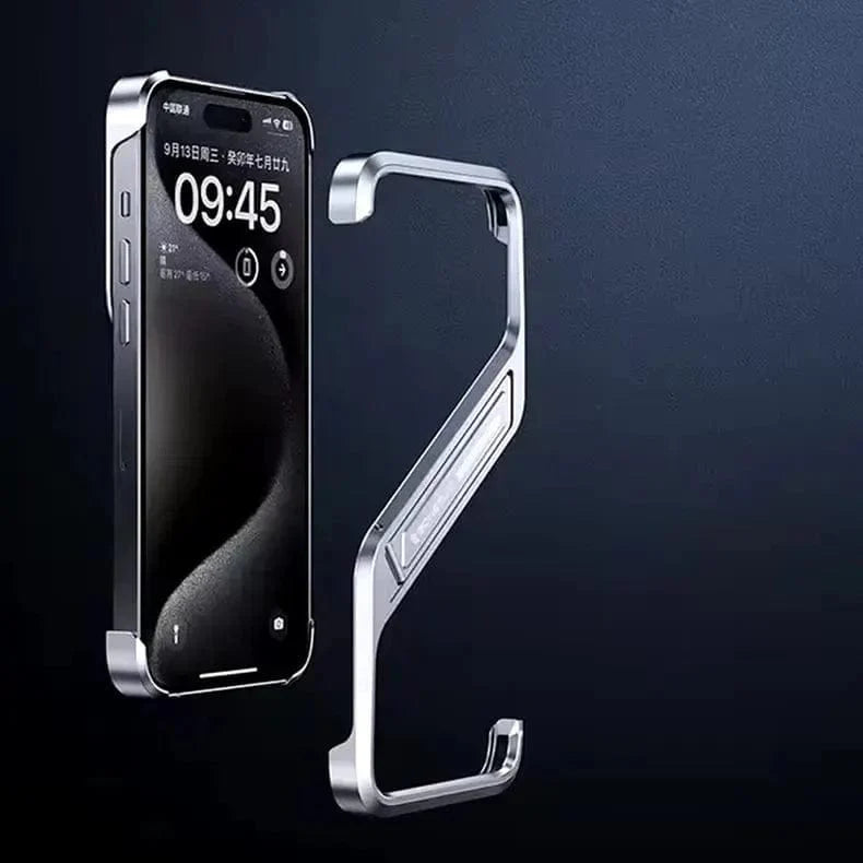 Built in Kickstand Aluminum Rimless Bumper for iPhone 15 Pro Silver Back Cases