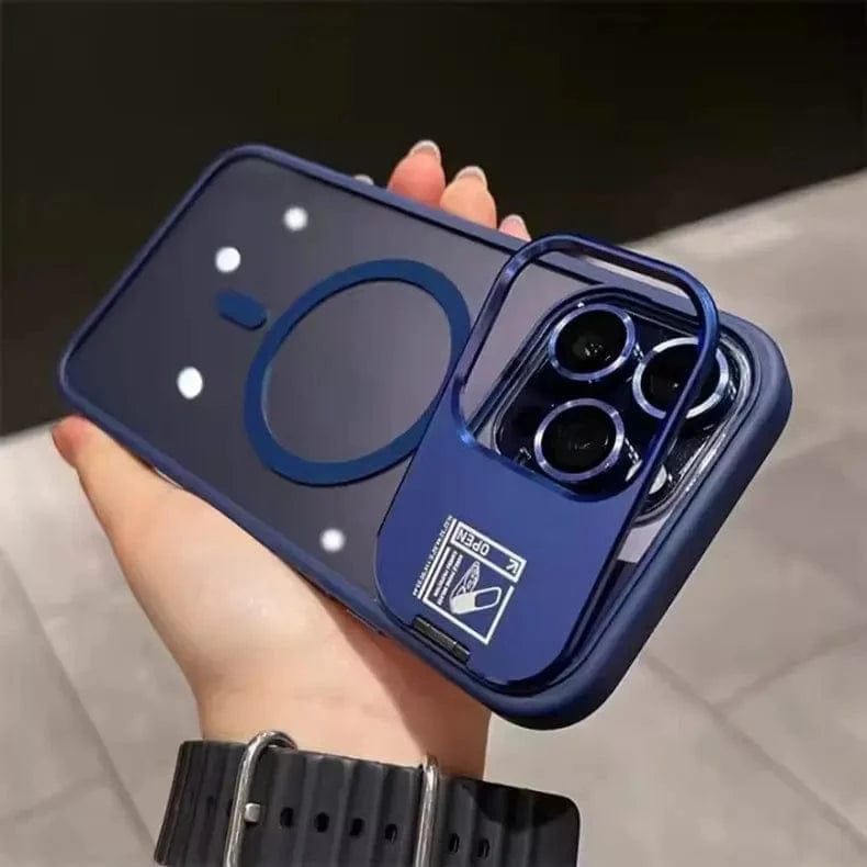 Camera Metal Kickstand magsafe Case With camera lens protector for iPhone Back Cases iPhone 15 Pro Max / Blue / With MagSafe