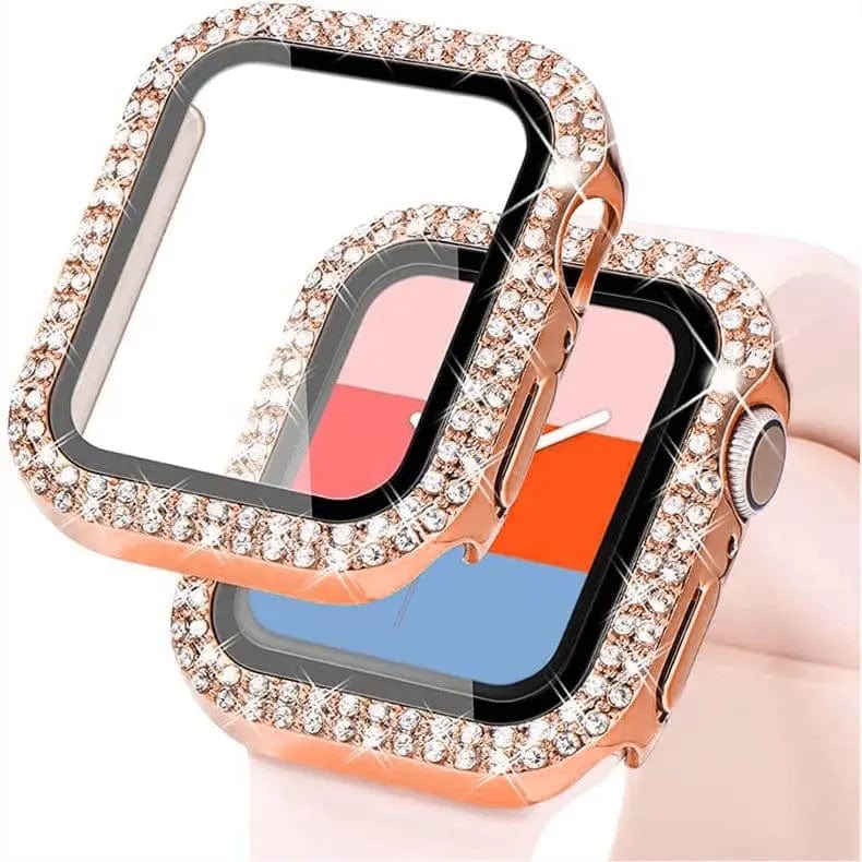 Dual Rhinestone Frame Built-in Glass Screen Protector Hard Cover for Apple Watch 45mm 45mm bronze-gold Cases & Covers