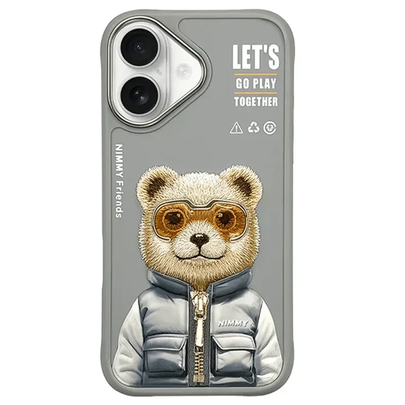 Nimmy 3D Embroided Hard Case for iPhone 16 iPhone 16 Grey Bear Cases & Covers