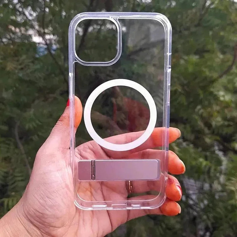 Crystal Clear Magsafe Case With Metal Kickstand for iPhone 15 Pro