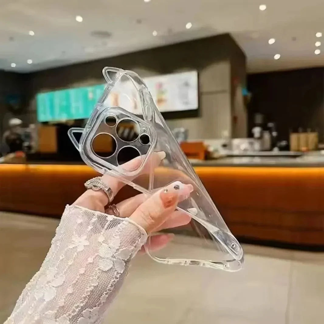 Cute 3D Cat Ears Transparent Soft TPU Case for iPhone 15 Pro