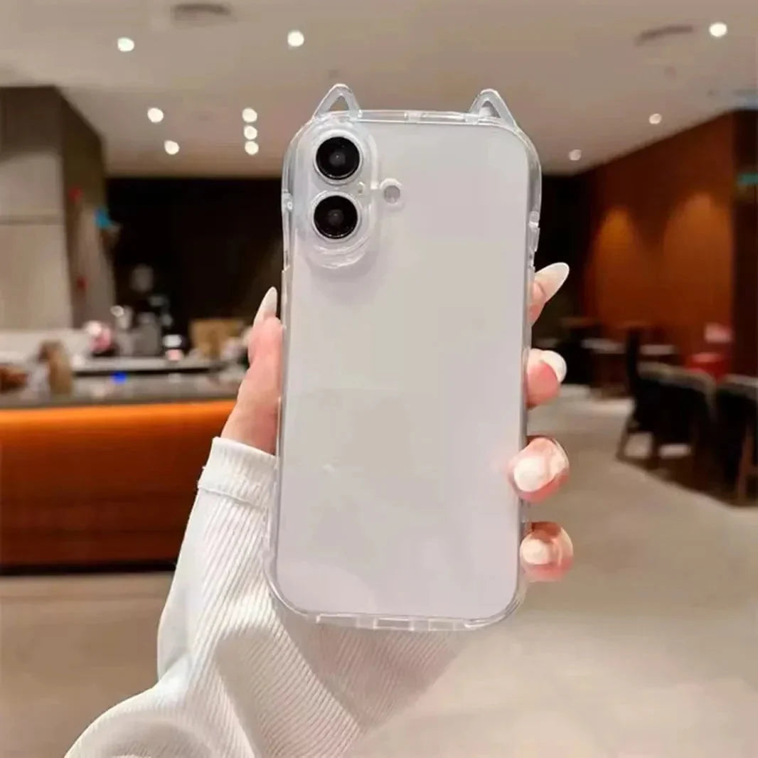Cute 3D Cat Ears Transparent Soft TPU Case for iPhone 16