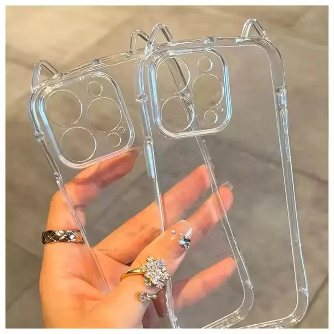 Cute 3D Cat Ears Transparent Soft TPU Case for iPhone 16 Pro Max