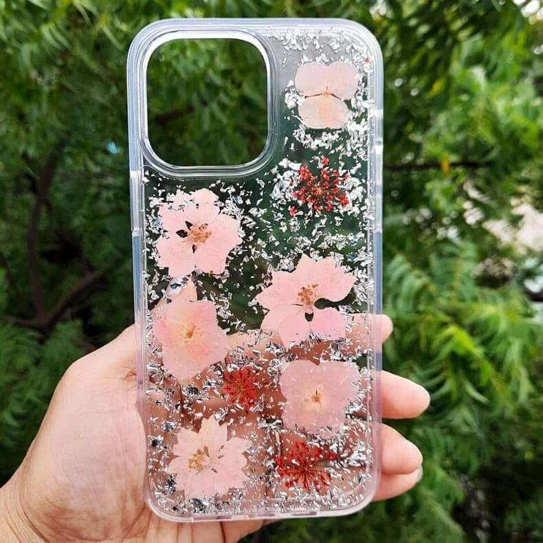 Dried Flowers Glitter Case for iPhone Back Cases iPhone 14 Pro Max / Pink Floral