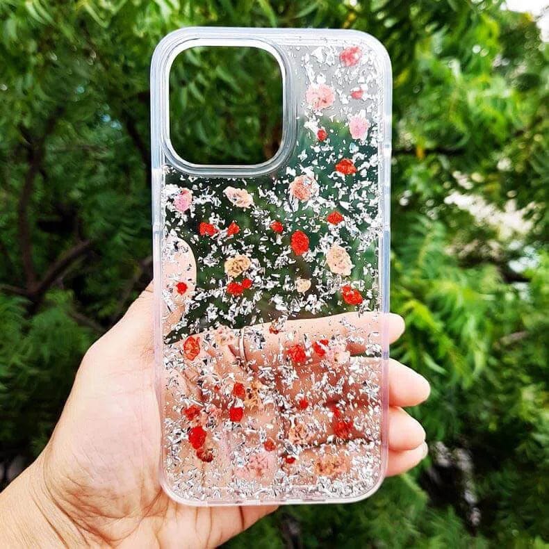 Dried Flowers Glitter Case for iPhone 14 Silver Back Cases