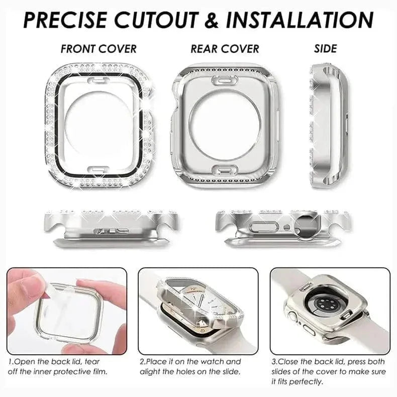 Dual Rhinestone Frame Built-in Glass Screen Protector Hard Cover for Apple Watch 45mm