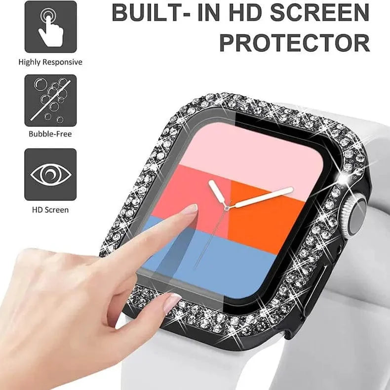 Dual Rhinestone Frame Built-in Glass Screen Protector Hard Cover for Apple Watch 45mm