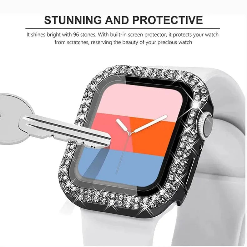 Dual Rhinestone Frame Built-in Glass Screen Protector Hard Cover for Apple Watch 45mm