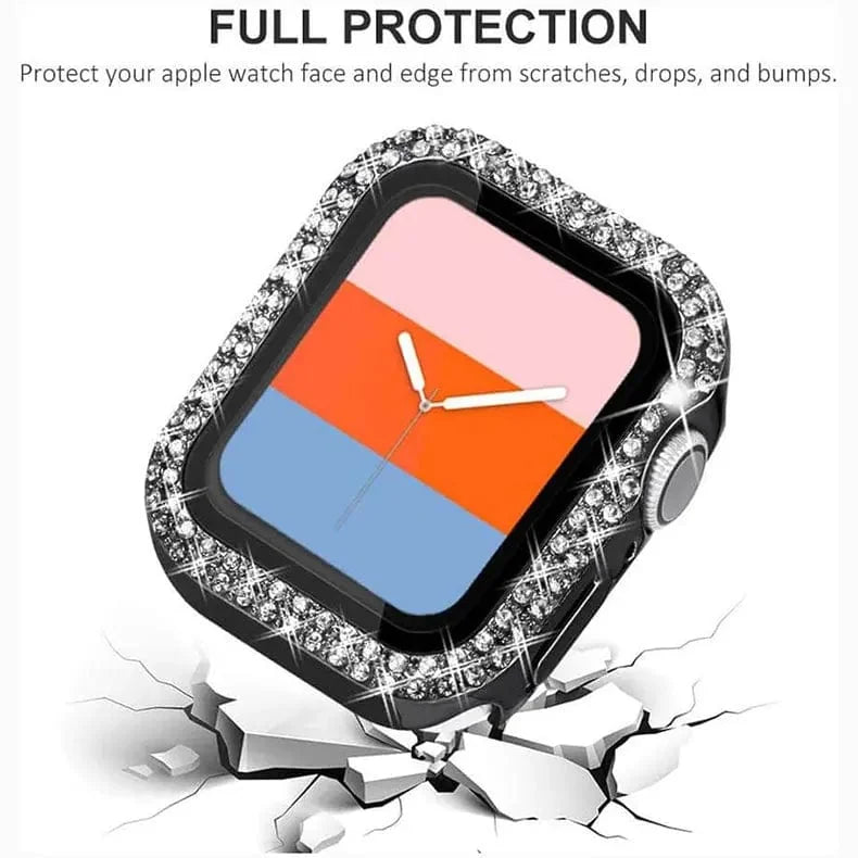 Dual Rhinestone Frame Built-in Glass Screen Protector Hard Cover for Apple Watch 45mm