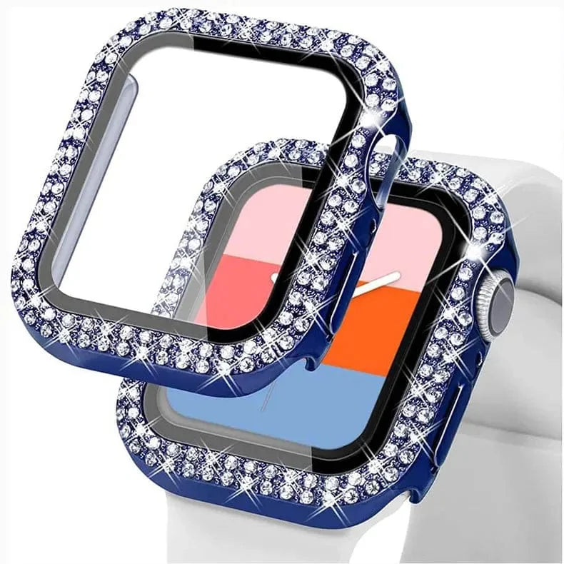 Dual Rhinestone Frame Built-in Glass Screen Protector Hard Cover for Apple Watch 45mm