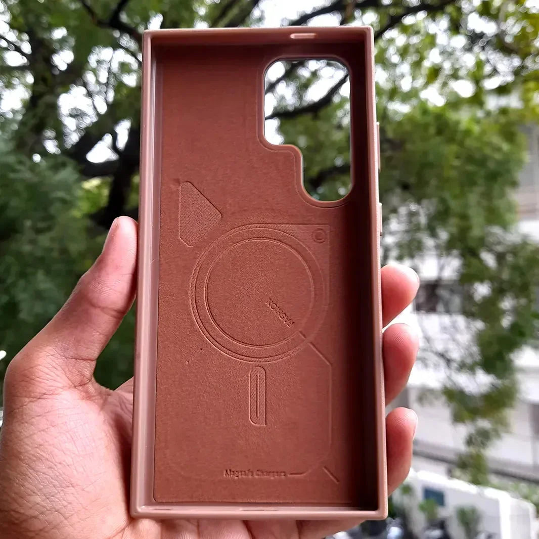 Dual Shade Leather Metal Button Magsafe Case for Samsung S25 Ultra