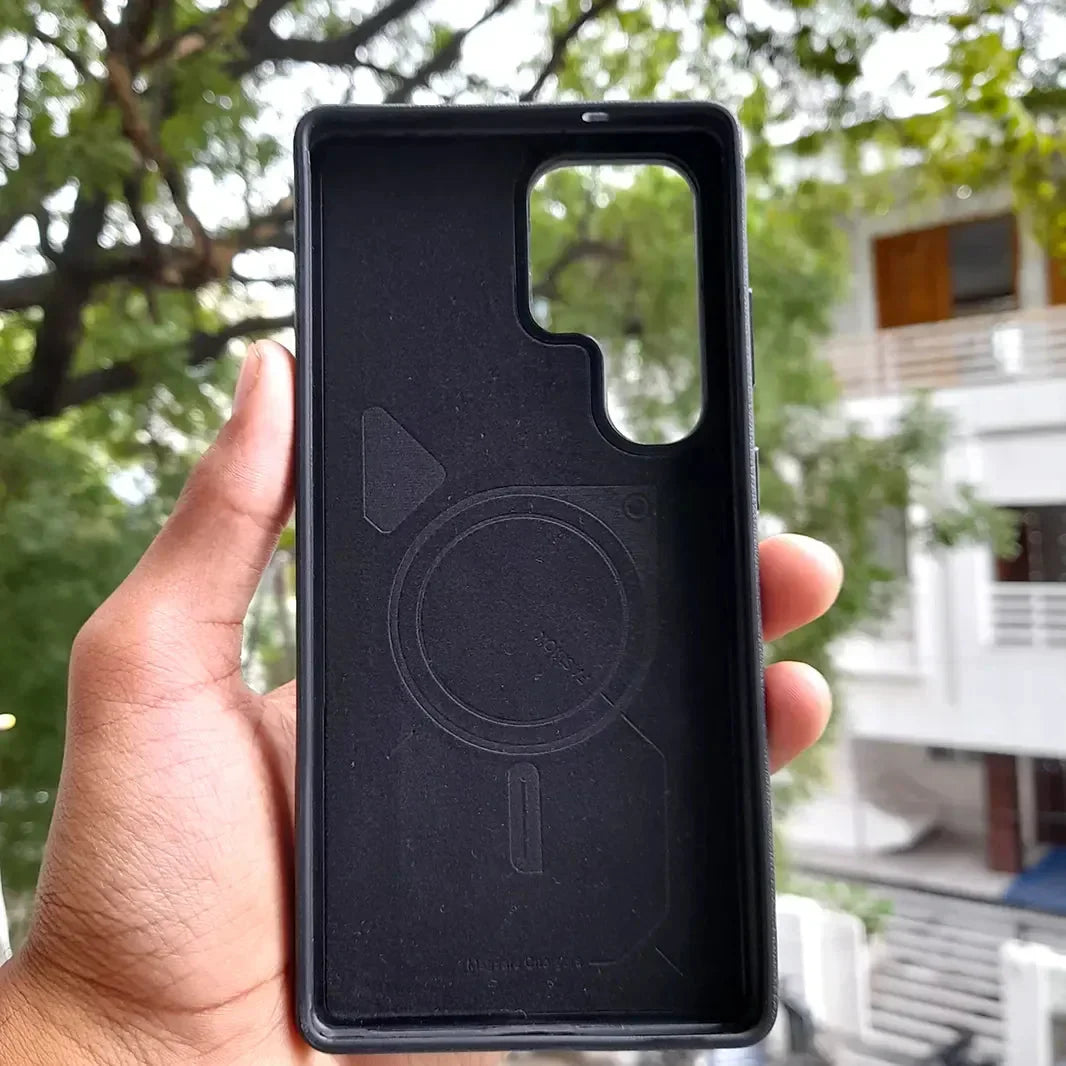 Dual Shade Leather Metal Button Magsafe Case for Samsung S25 Ultra