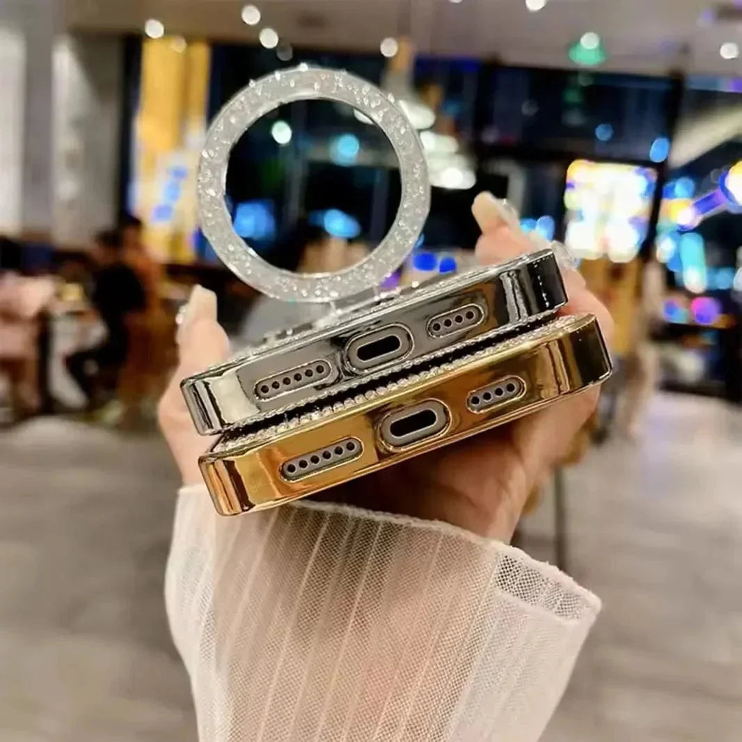 Glitter Bling Diamond Mirror Stand Magnetic Case for iPhone 16 Pro Max