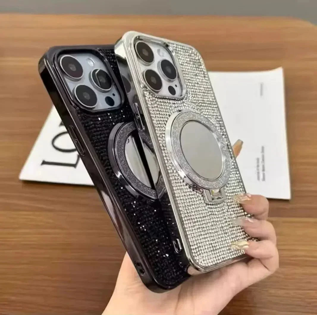 Glitter Bling Diamond Mirror Stand Magnetic Case for iPhone 16 Pro