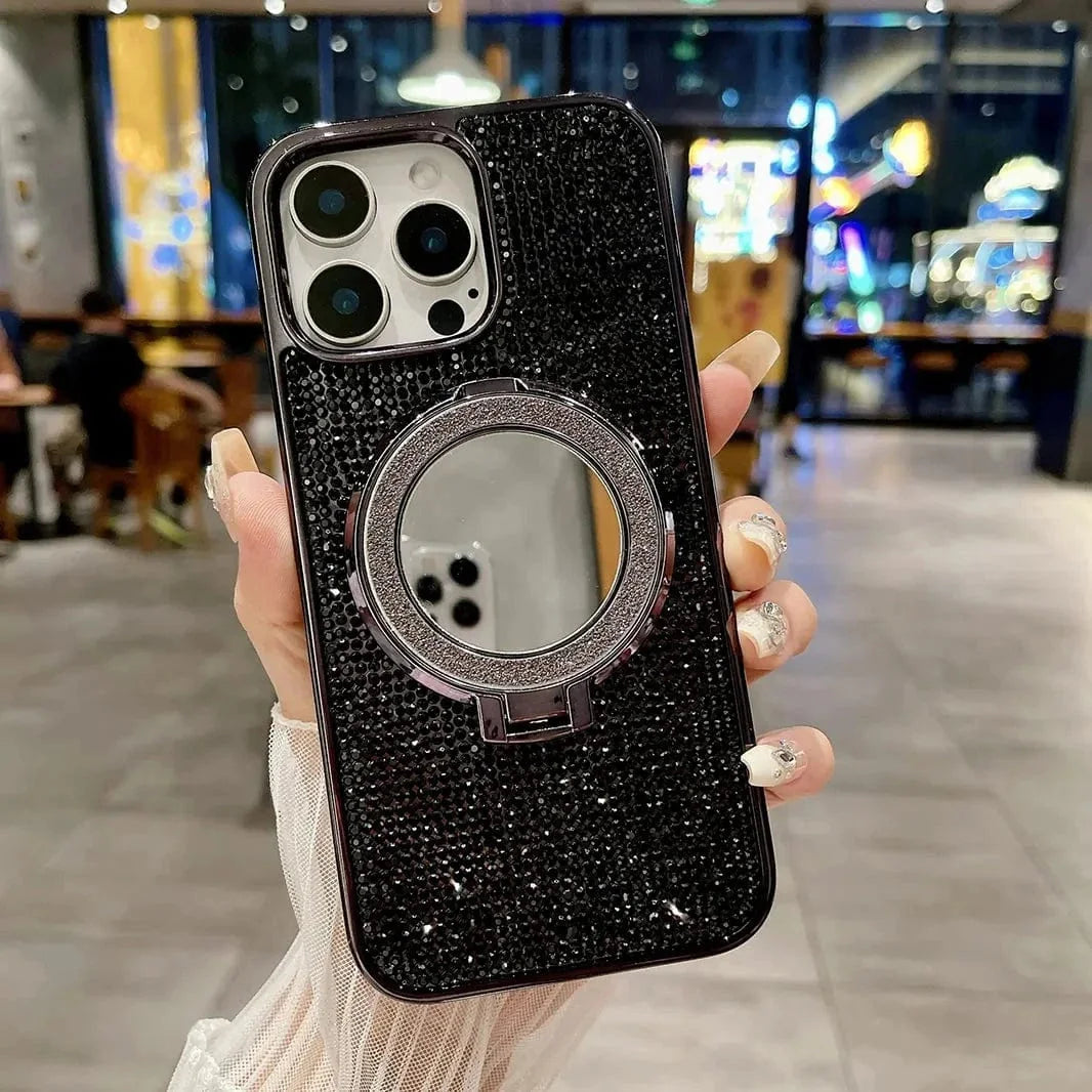 Glitter Bling Diamond Mirror Stand Magnetic Case for iPhone 16 Pro