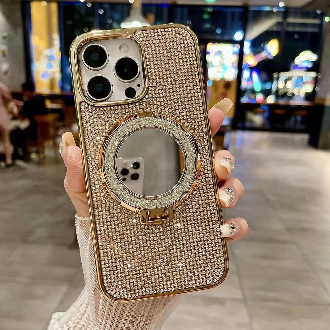 Glitter Bling Diamond Mirror Stand Magnetic Case for iPhone 15 Pro Max