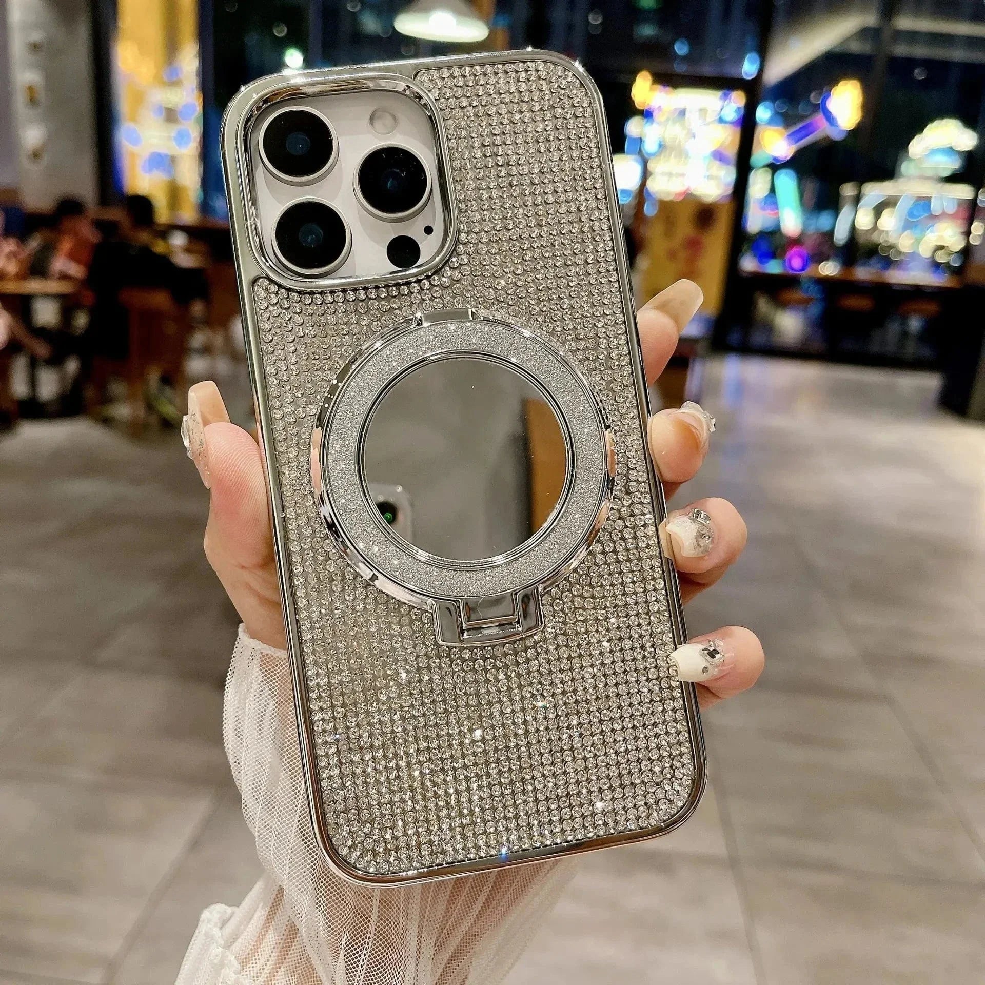 Glitter Bling Diamond Mirror Stand Magnetic Case for iPhone 15 Pro