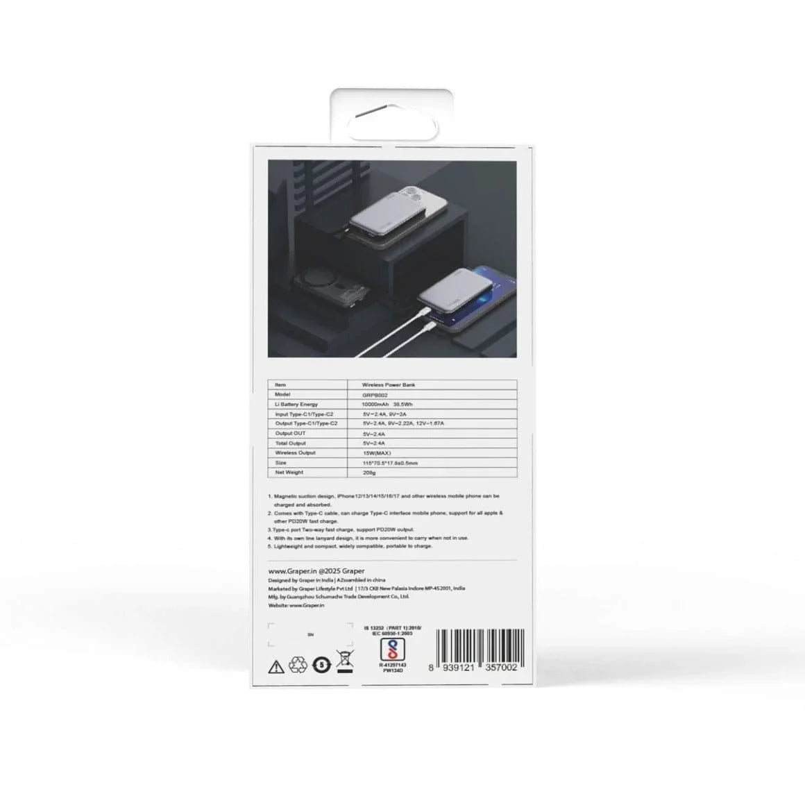 Graper 20W 10000mAh Wireless Power Bank | Fast Charging Type-C PD Portable Charger