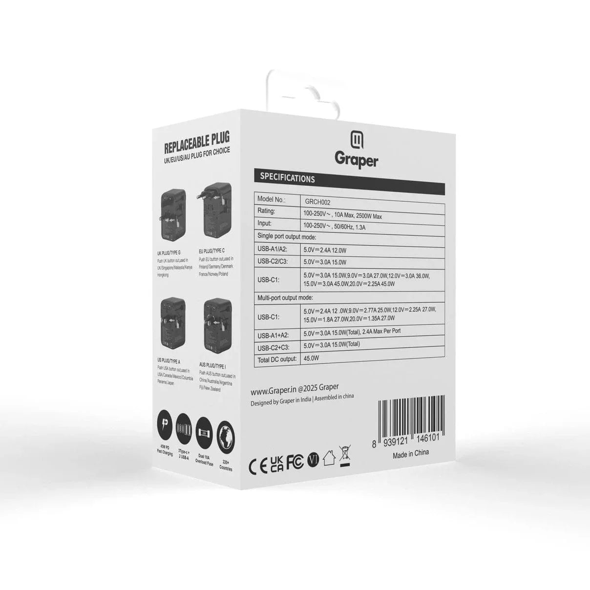 Graper 45W GaN 5 Port + 2 AC Travel Adapter GRCH002