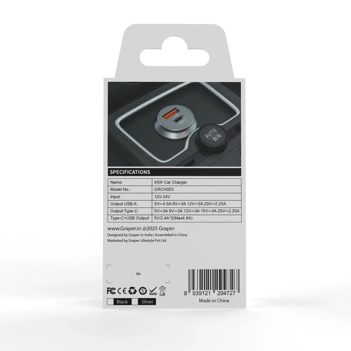 Graper 45W Fast Car Charger Type-C + USB-A GRCH003