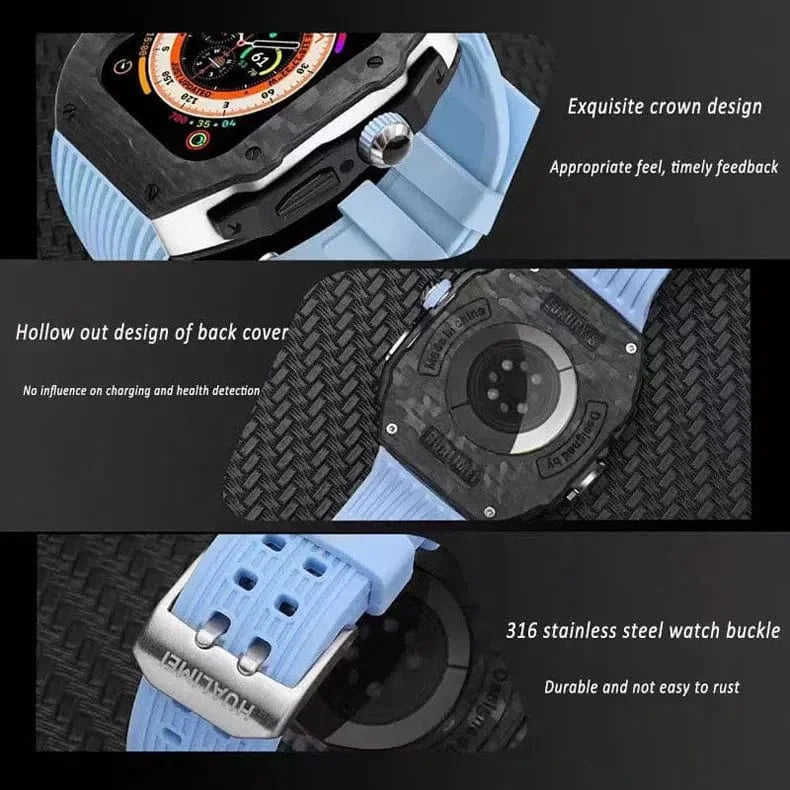 Hualimei Mod Kit Carbon Fiber Case Silicone Strap for Apple Watch 45mm