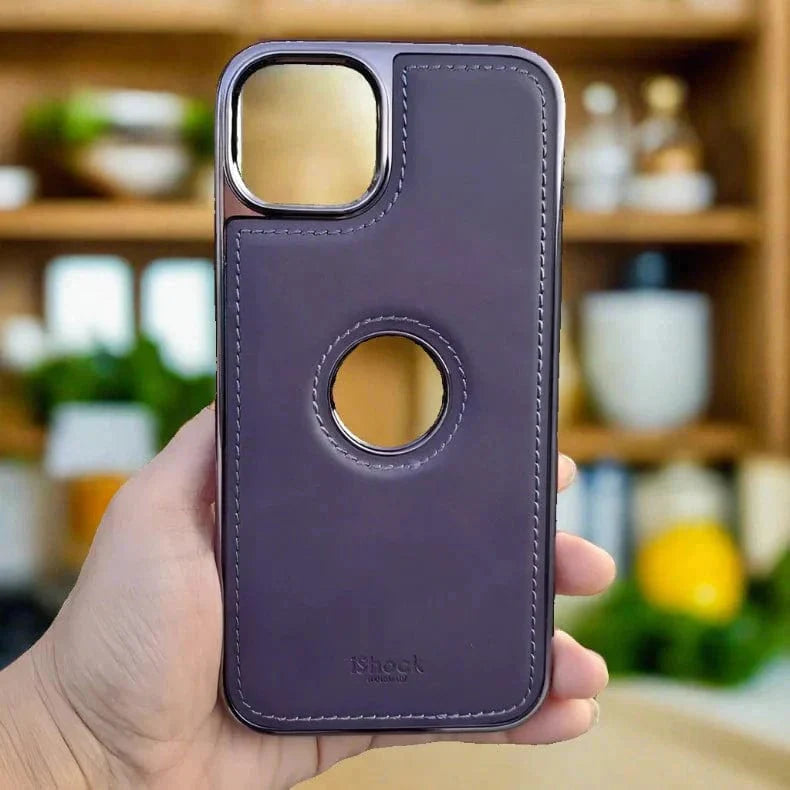 iShock Leather Chrome Electroplating Frame Case with Logo Cut for iPhone 15 Plus Purple Back Cases