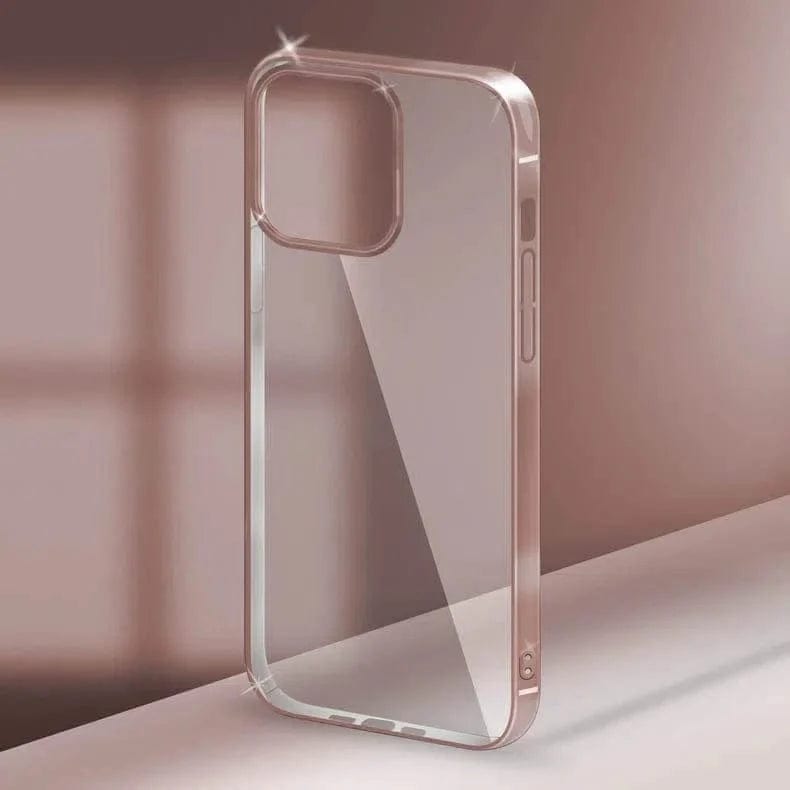 iShock Ultra Thin Transparent Shiny Metallic Looking Bumper Case for iPhone Back Cases iPhone 14 Pro Max / Rose Gold