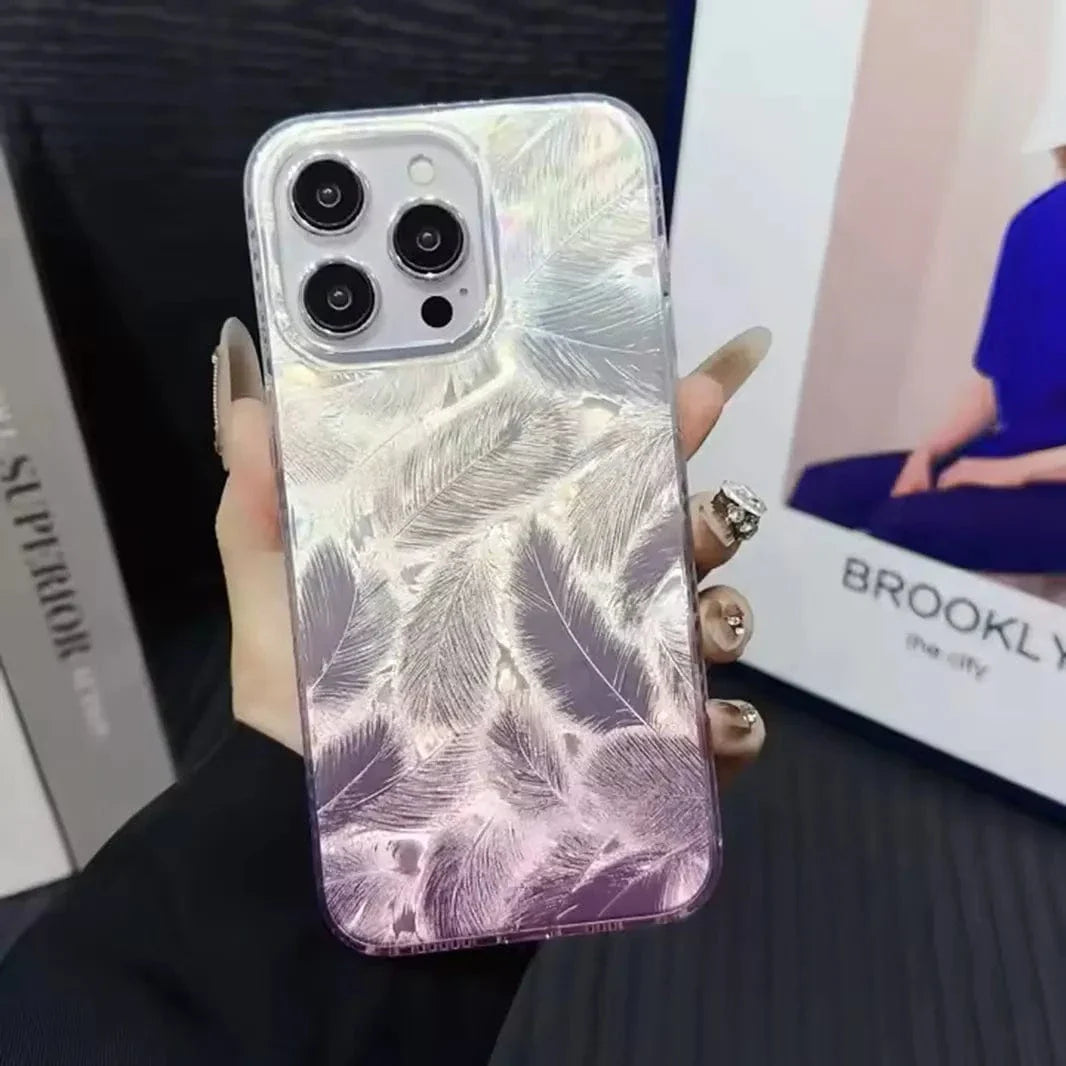 Aesthetic Laser Printing Luxury Hard Case for iPhone 13 | 14 iPhone 13 | 14 Pink Feather Cases & Covers