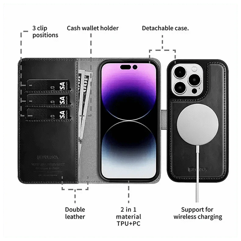 Puloka PU Leather Detachable 2 In 1 Function Wallet Case for iPhone 15 Cases & Covers