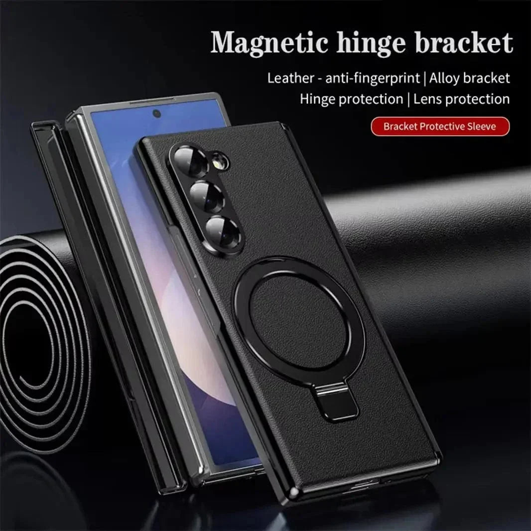 Leather Texture Magnetic Kickstand Case With Hinge Protection for Samsung Z Fold5