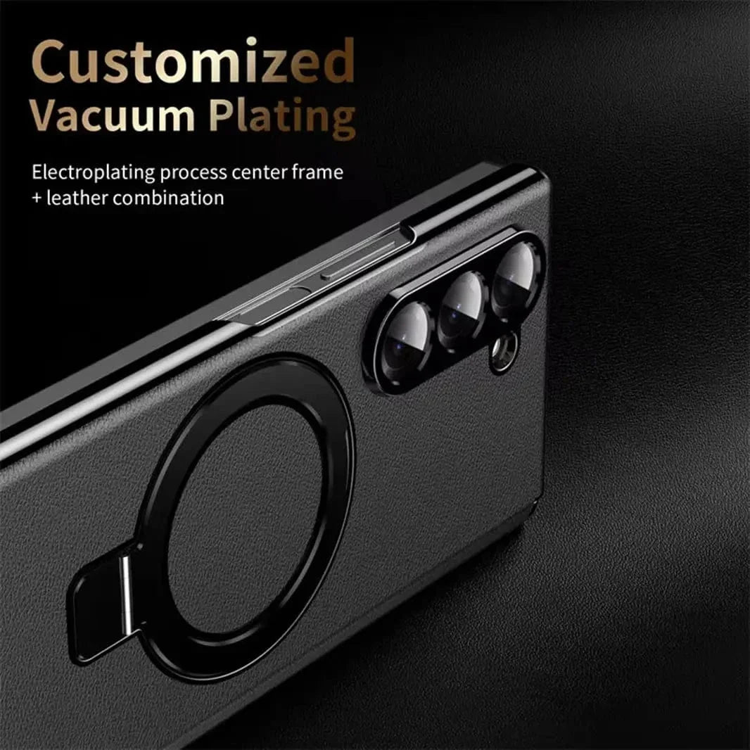 Leather Texture Magnetic Kickstand Case With Hinge Protection for Samsung Z Fold6