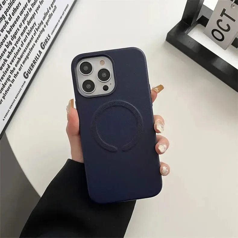 Magsafe Support Leather Magnetic Case for iPhone 15 Pro Max Midnight Blue Back Cases