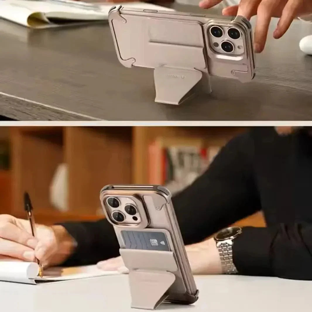 Metal Frame Leather Magnetic Card Holder MagSafe Case for iPhone 16 Pro