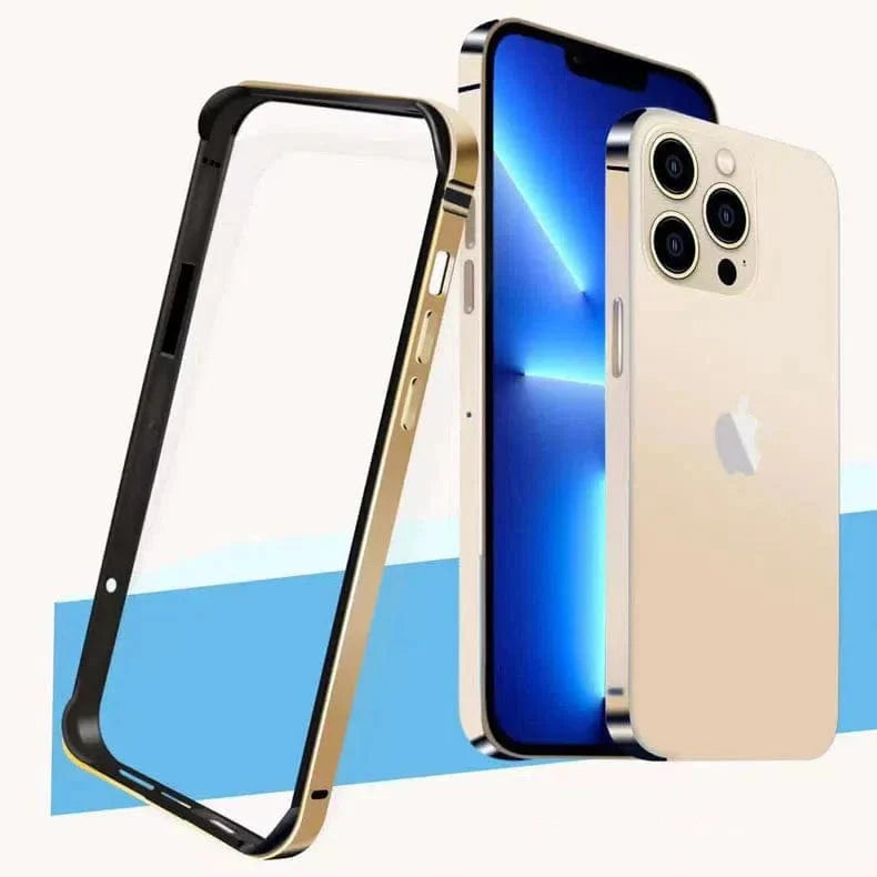 Metal reinforced aluminum bumper frame for iPhone 13 Pro Max Gold Back Cases